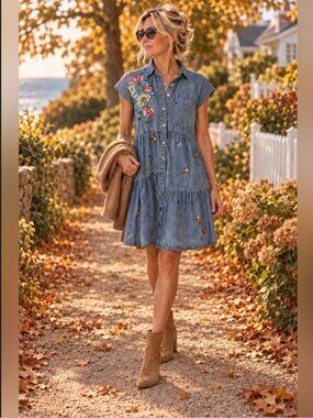 Kyla Seo Chambray Embroidered Floral Mini Dress, Medium Tencel Boho Western Chic